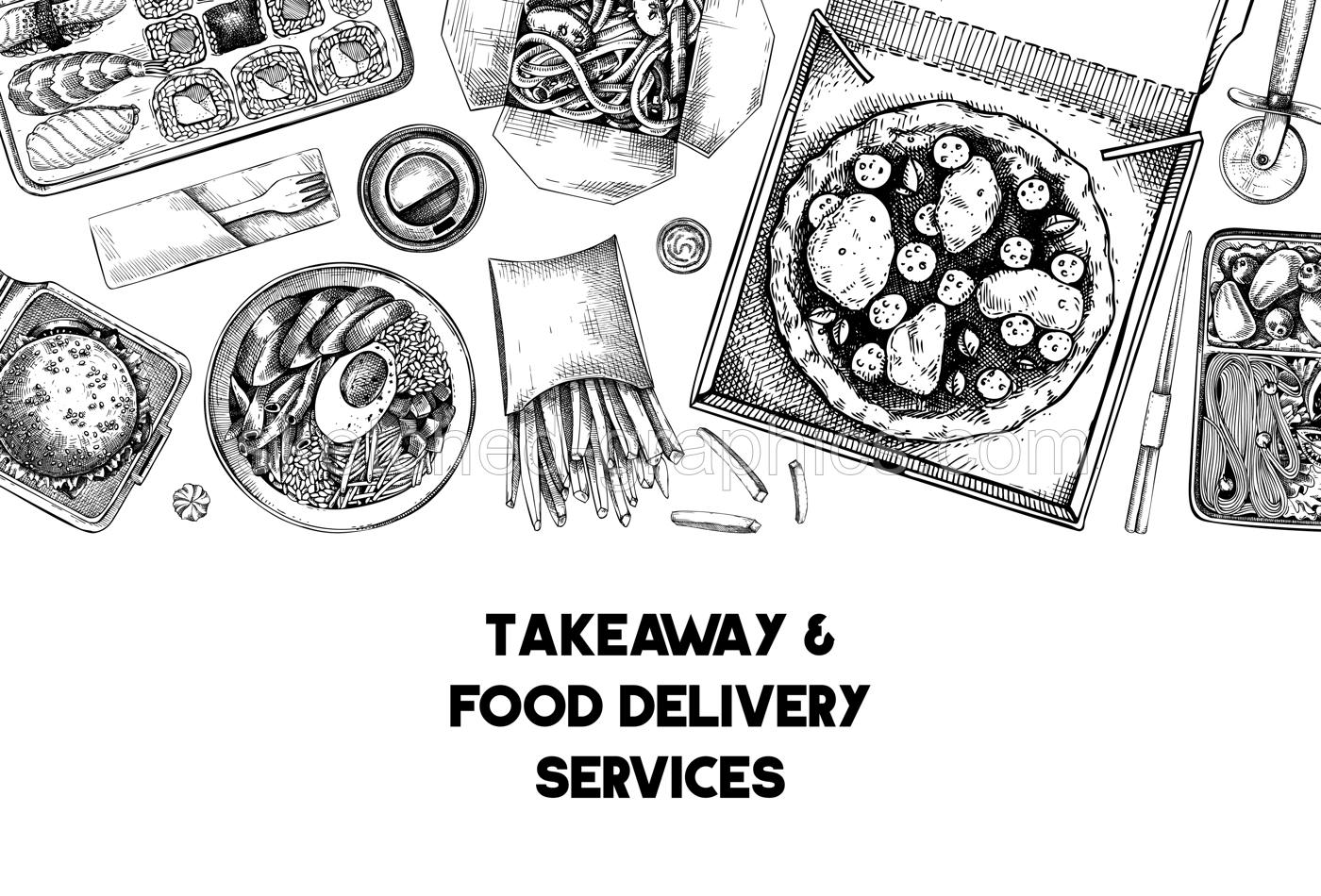 Food delivery banner. Hand drawn vector illustration. Vintage style. Takeaway food background, takeout food in paper box, fast food menu design. Pizza, burger, coffee, noodles, poke, sushi sketch Illustration